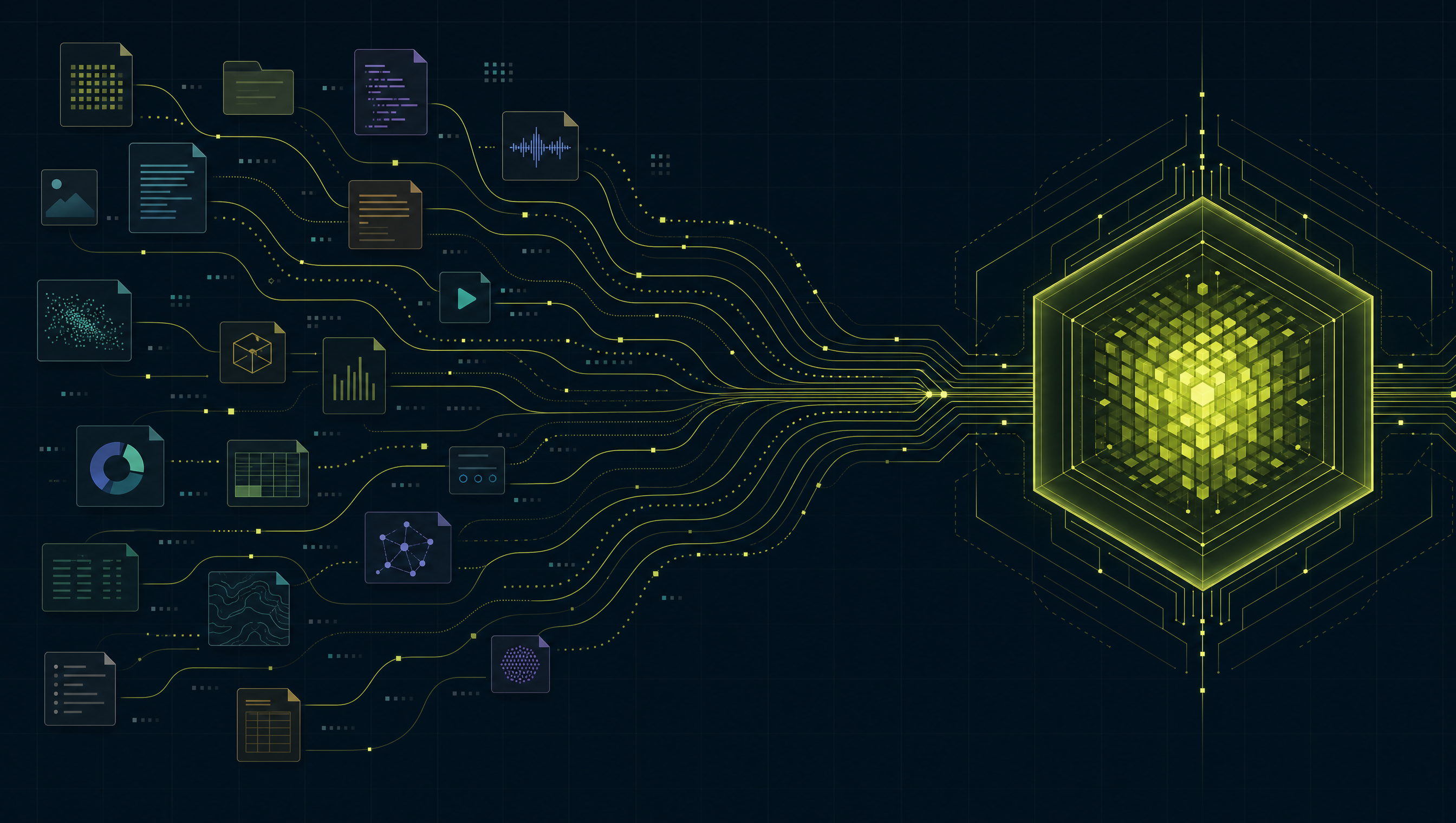 Heterogeneous vendor data streams converging through Gridledger adapters into one unified asset model